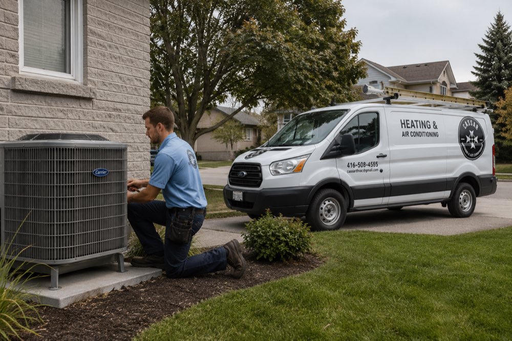 Cassar HVAC technician checking an outdoor air conditioner condenser beside a home in Ajax, Ontario