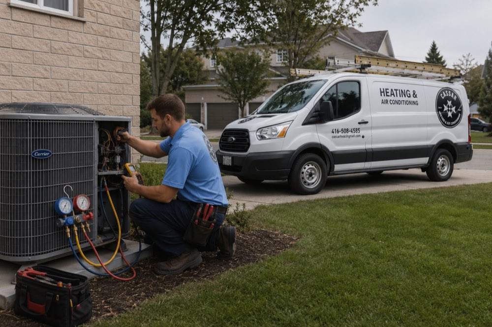 Cassar HVAC technician testing an air conditioner condenser with refrigerant gauges in Clarington, Ontario