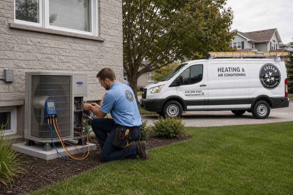 Cassar HVAC technician connecting refrigerant gauges to an air conditioner condenser in Oshawa, Ontario