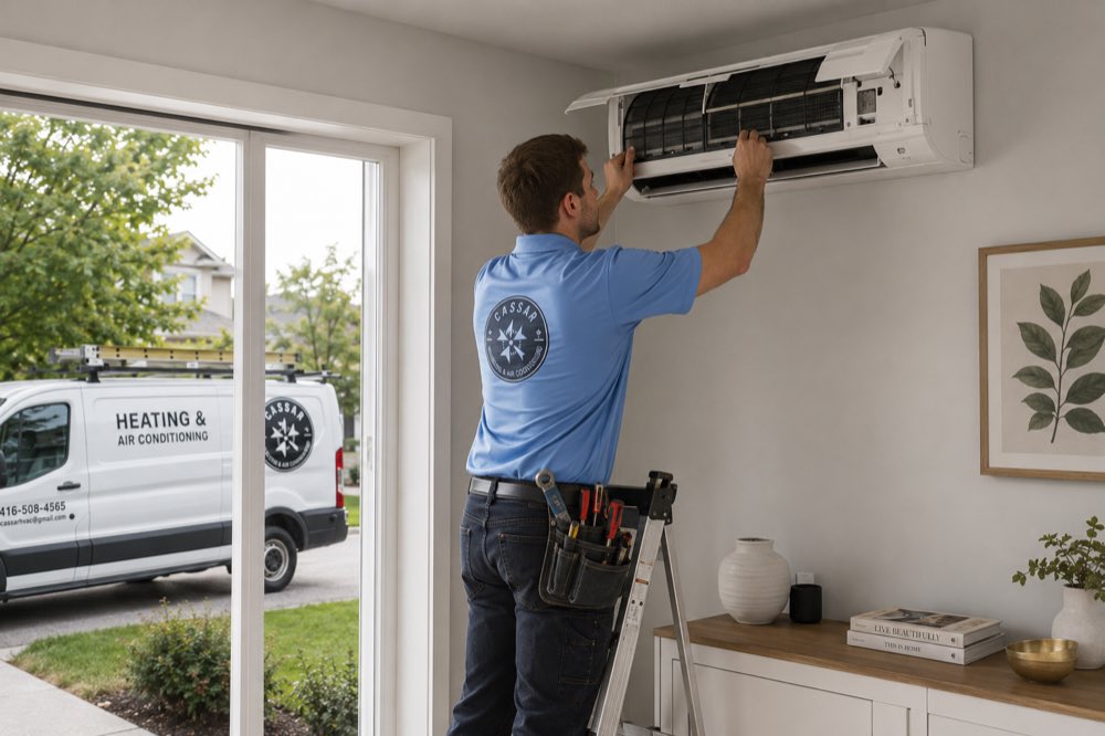 Cassar HVAC technician installing a ductless mini-split head on a living room wall in Ajax, Ontario