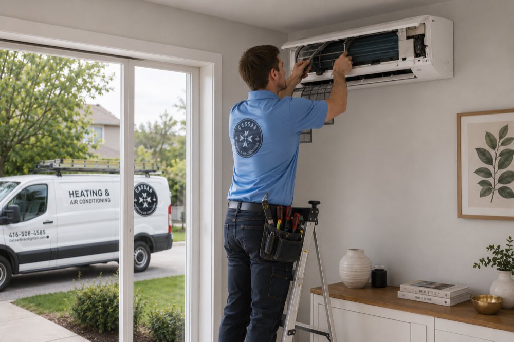 Cassar HVAC technician opening a ductless mini-split head to service the coil in Durham Region, Ontario