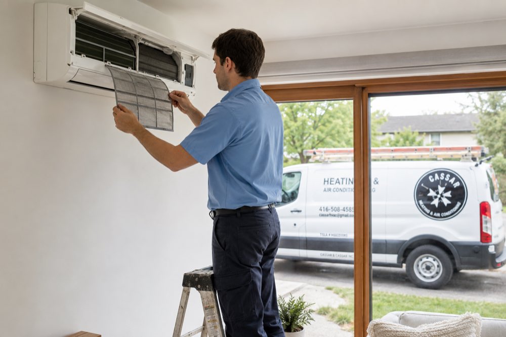 Cassar HVAC technician cleaning the filter of a ductless mini-split head in Orono, Ontario