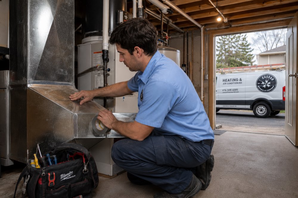 Cassar HVAC technician sealing basement ductwork during a repair in Pickering, Ontario