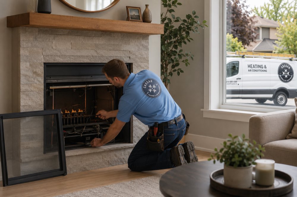 Cassar HVAC technician servicing the burner assembly of a gas fireplace in Durham Region, Ontario