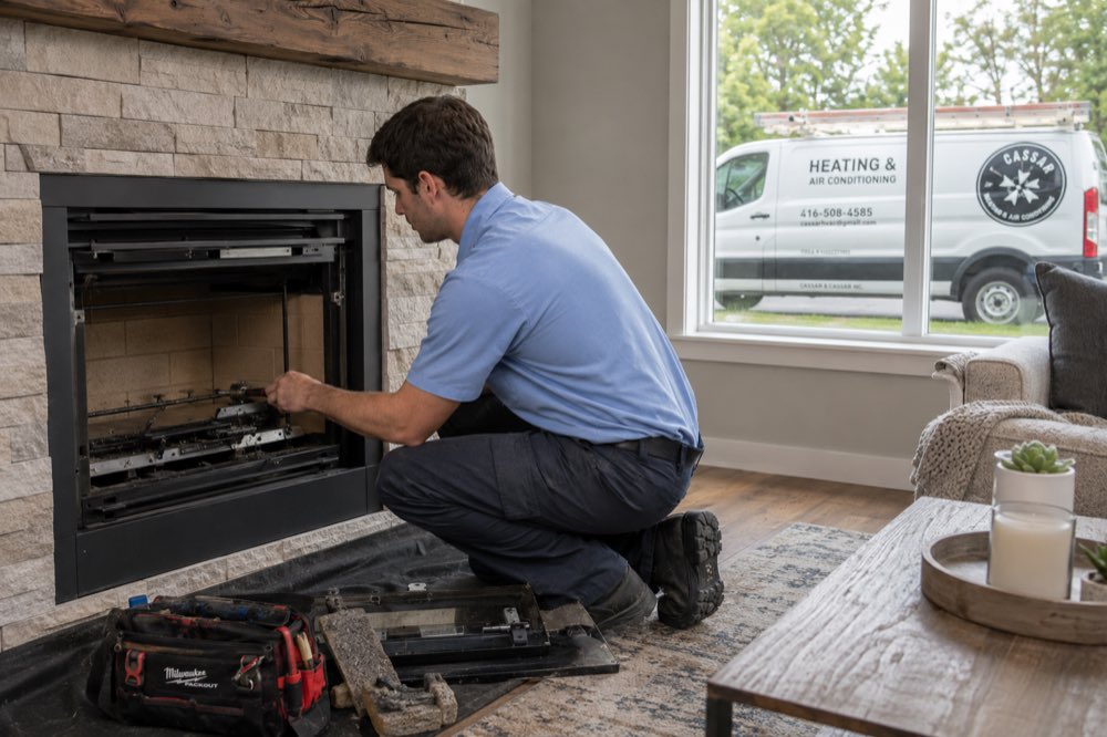 Cassar HVAC technician removing the fireplace panel for a service in Pickering, Ontario