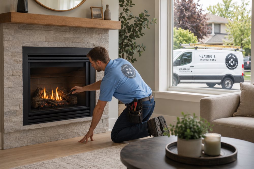 Cassar HVAC technician servicing a lit gas fireplace in a living room in Whitby, Ontario