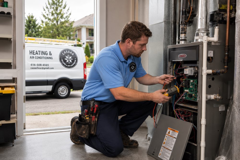 Cassar HVAC technician testing a furnace control board with a multimeter in Brock Township, Ontario