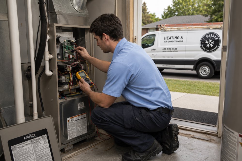 Cassar HVAC technician diagnosing a furnace control board with a meter in Orono, Ontario