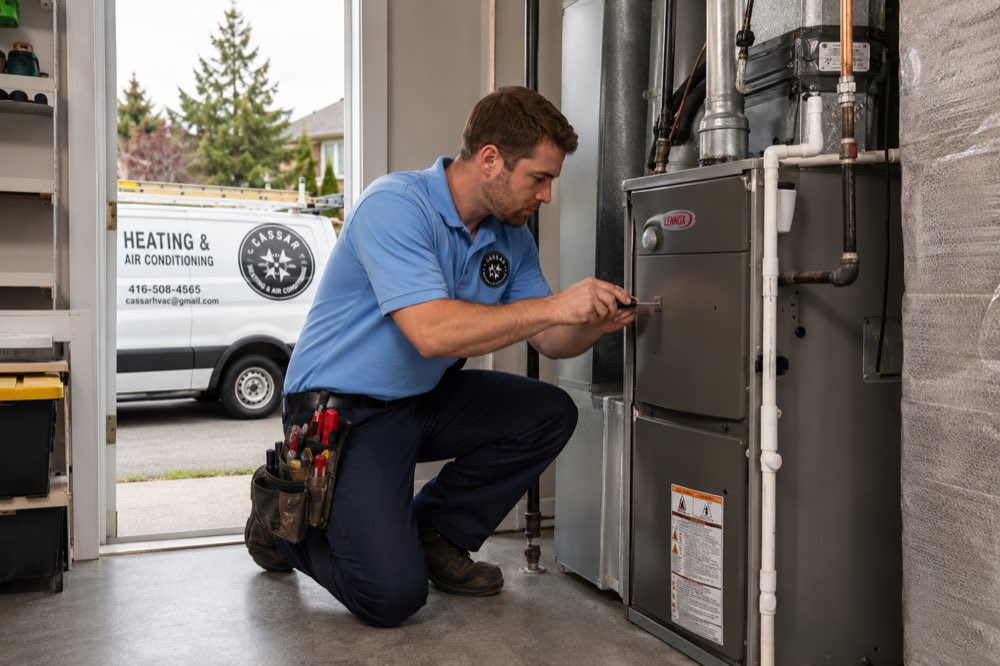Cassar HVAC technician servicing a high-efficiency gas furnace in a garage in Whitby, Ontario