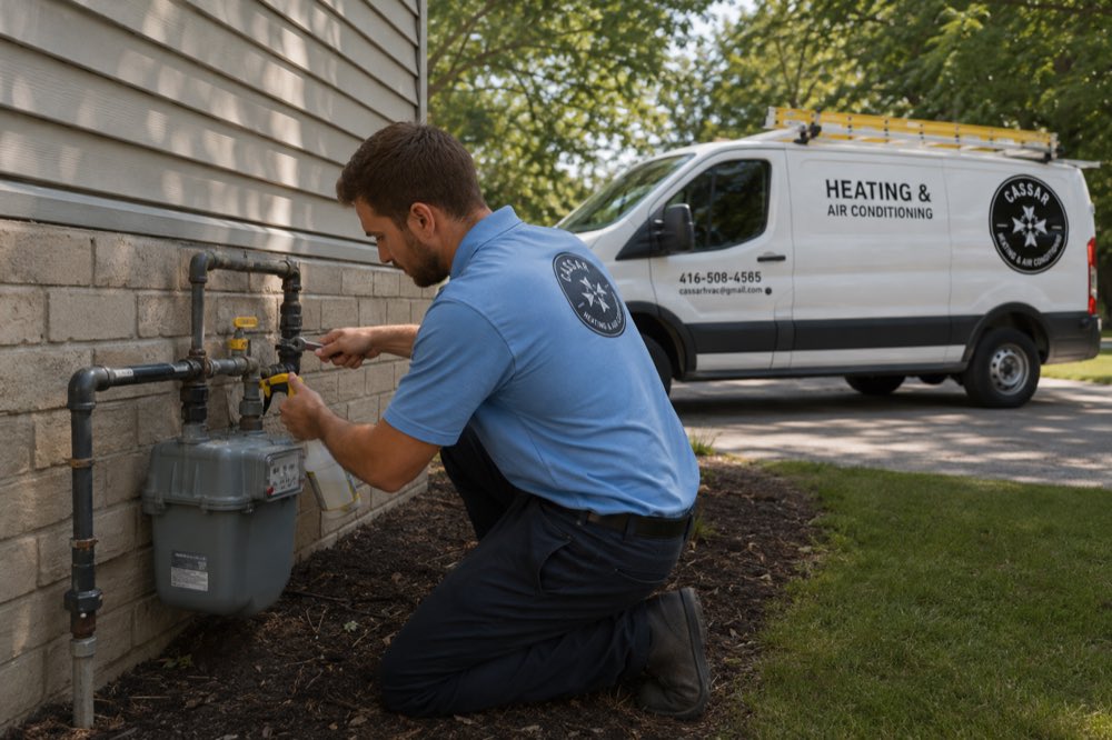 Cassar HVAC technician checking the gas meter and shut-off valve in Durham Region, Ontario