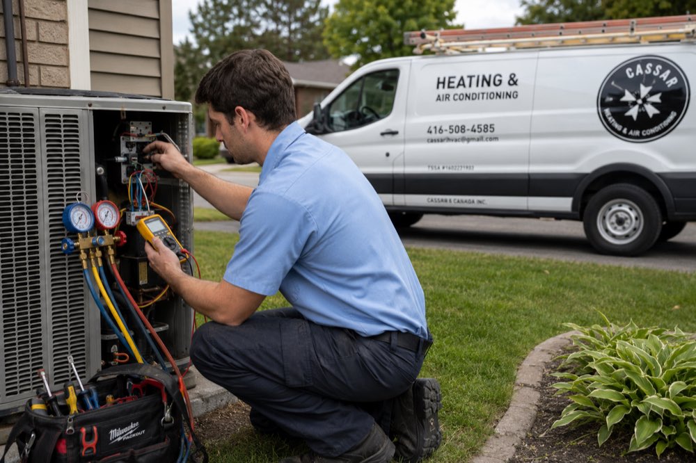 Cassar HVAC technician checking the electrical panel of an outdoor heat pump in Durham Region, Ontario
