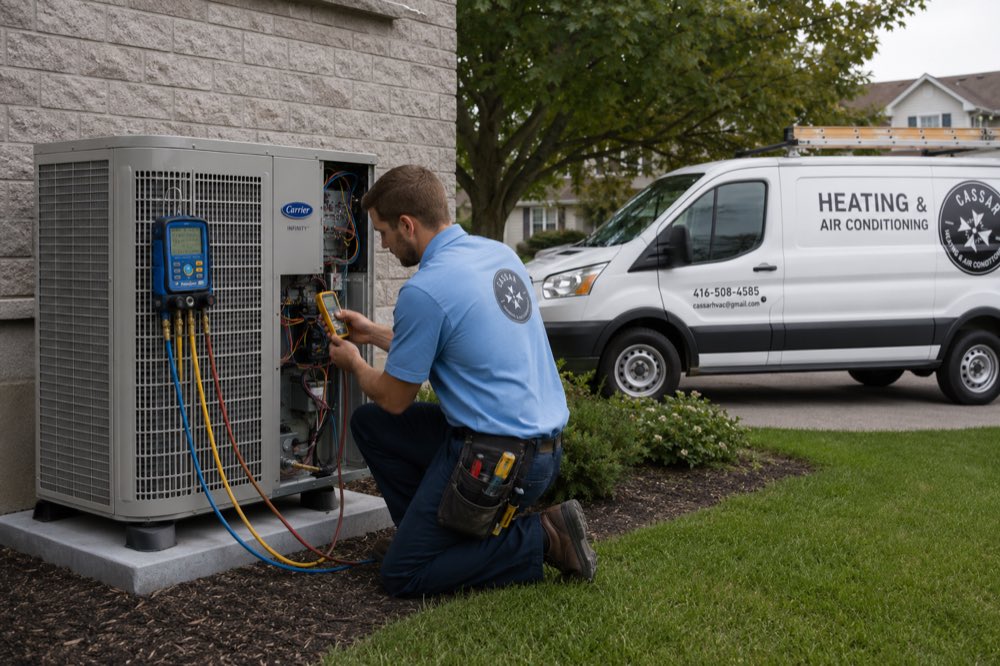 Cassar HVAC technician reading refrigerant pressures on an outdoor heat pump in Newcastle, Ontario