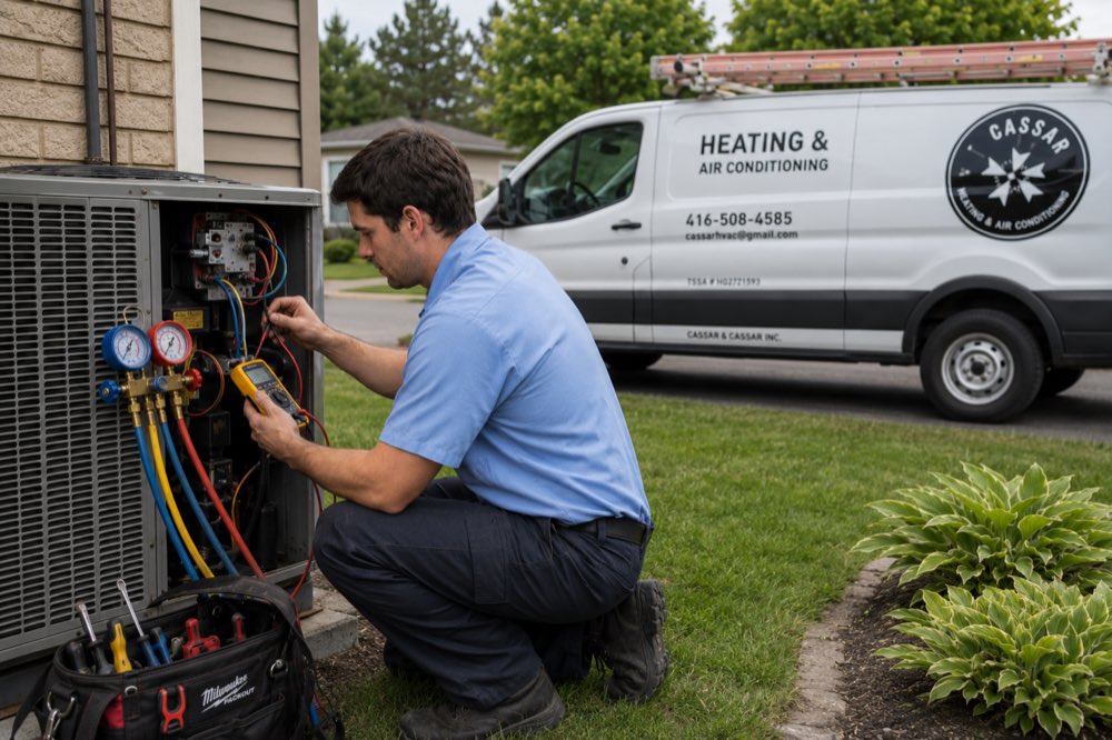 Cassar HVAC technician measuring heat pump performance with gauges in Pickering, Ontario