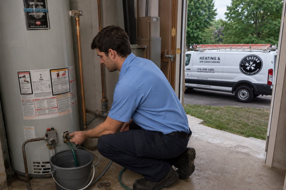 Cassar HVAC technician draining a hot water tank during a service in Orono, Ontario