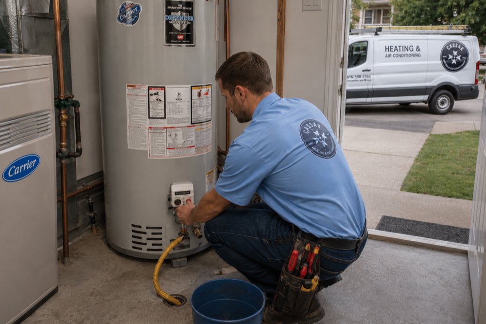 Cassar HVAC technician servicing the drain valve on a hot water tank in Oshawa, Ontario