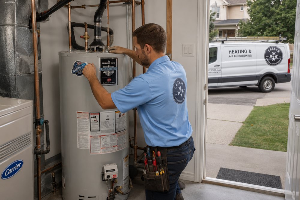 Cassar HVAC technician servicing a gas hot water tank in Uxbridge, Ontario