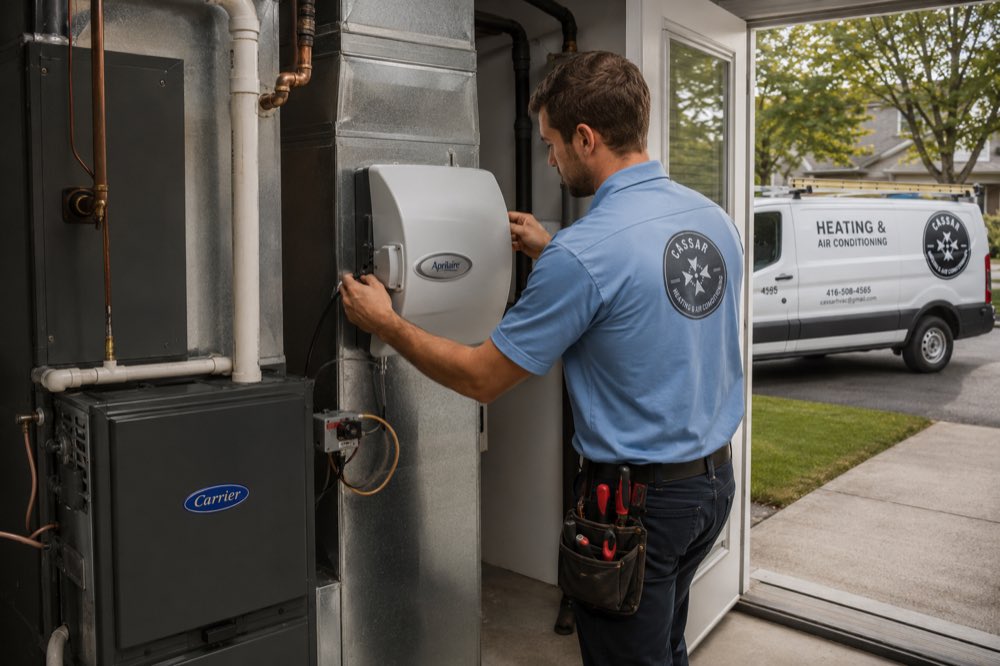 Cassar HVAC technician installing a whole-home humidifier on the furnace ductwork in Durham Region, Ontario