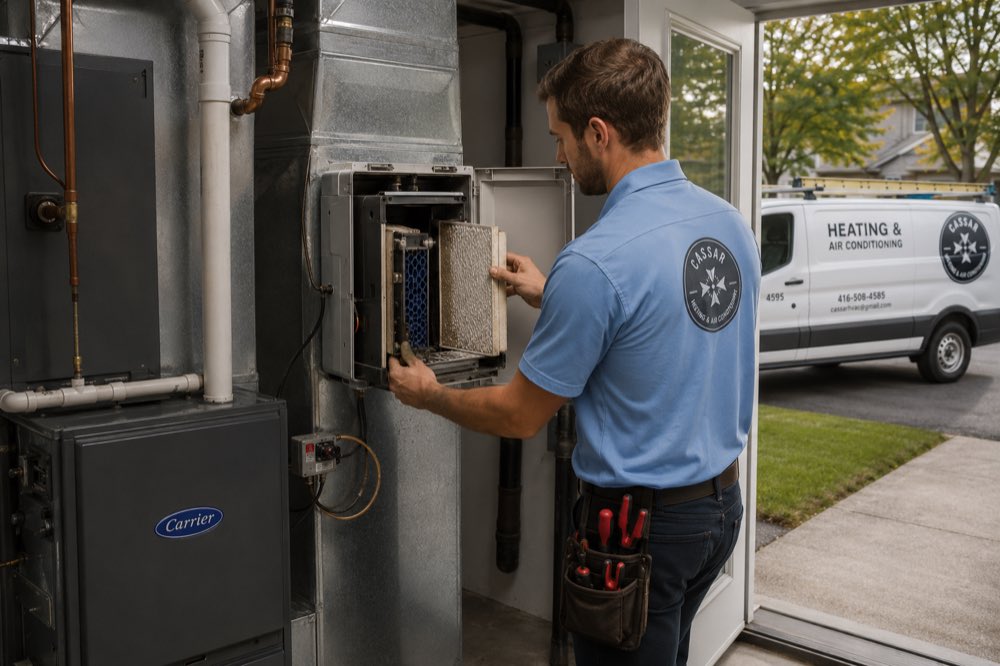 Cassar HVAC technician replacing a media air filter in the furnace air cleaner in Durham Region, Ontario