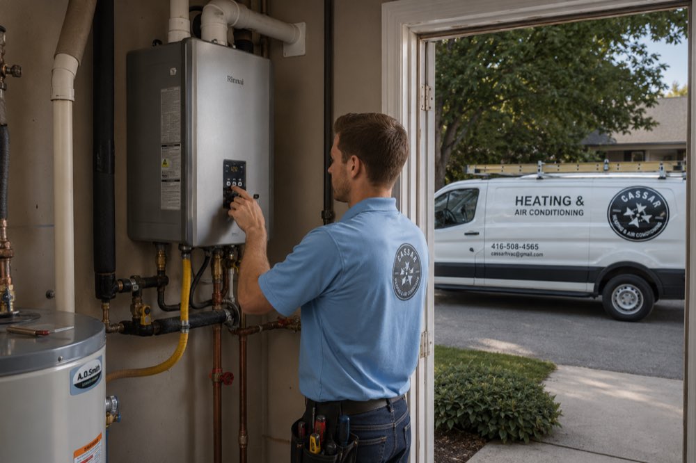 Cassar HVAC technician checking the controls on a tankless water heater in Newcastle, Ontario