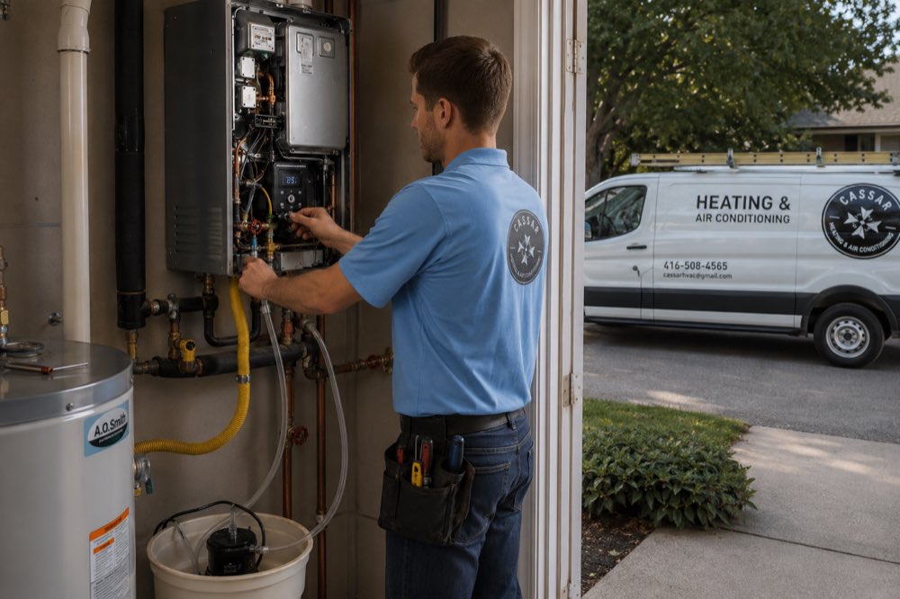 Cassar HVAC technician servicing the open panel of a tankless water heater in Oshawa, Ontario