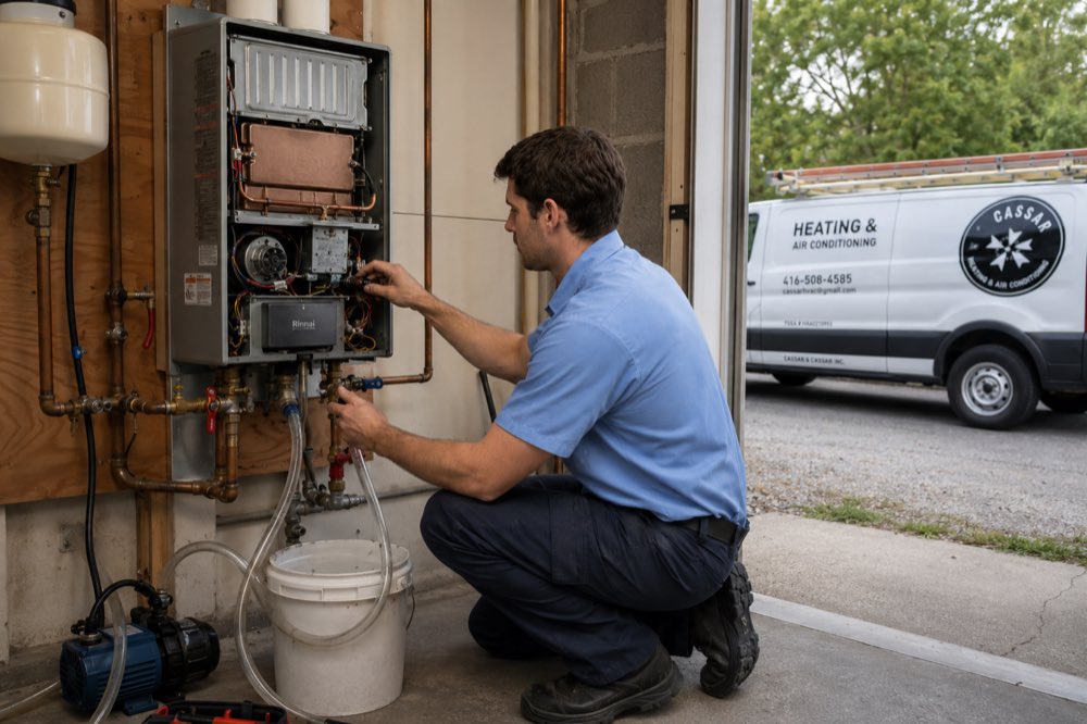 Cassar HVAC technician servicing the heat exchanger of a tankless water heater in Pickering, Ontario